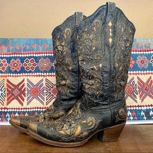 Black Embroidered Leather Floral Cowboy Boot